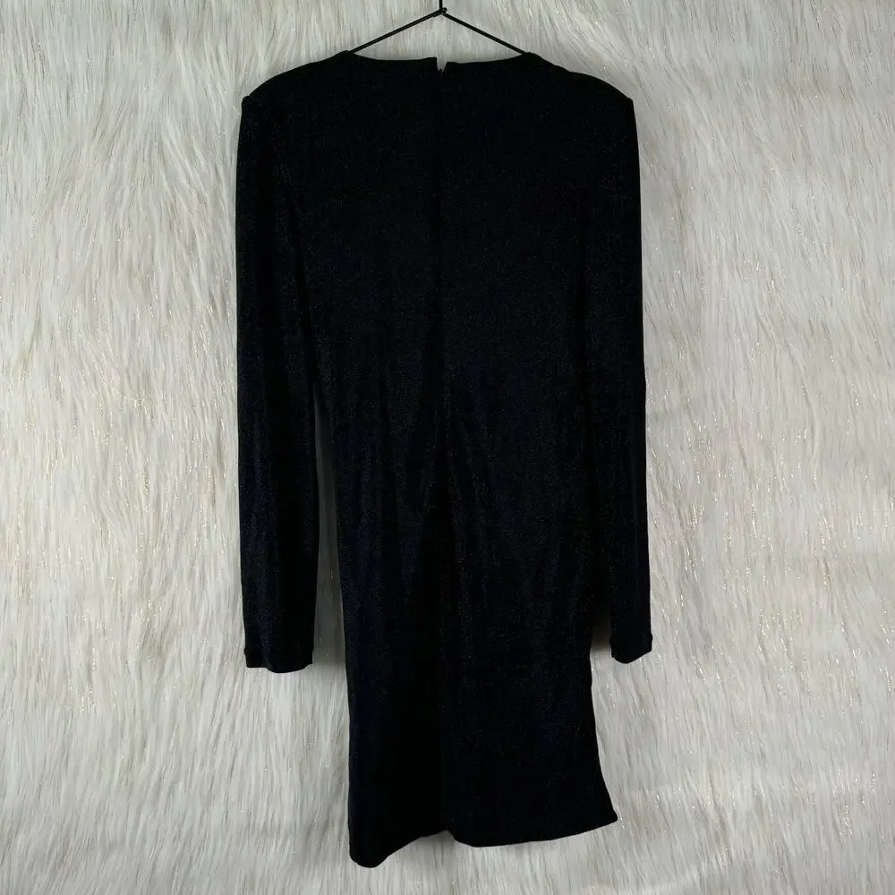 Bardot Womens Long Sleeve V Neck Short Dress Black Metallic Faux Wrap Large 8